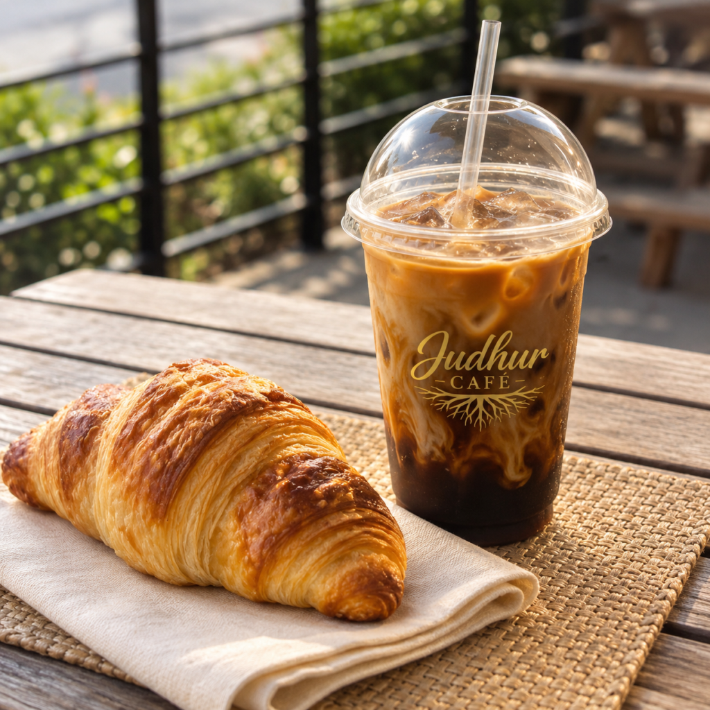 Judhur Cafe iced latte and fresh croissant to go